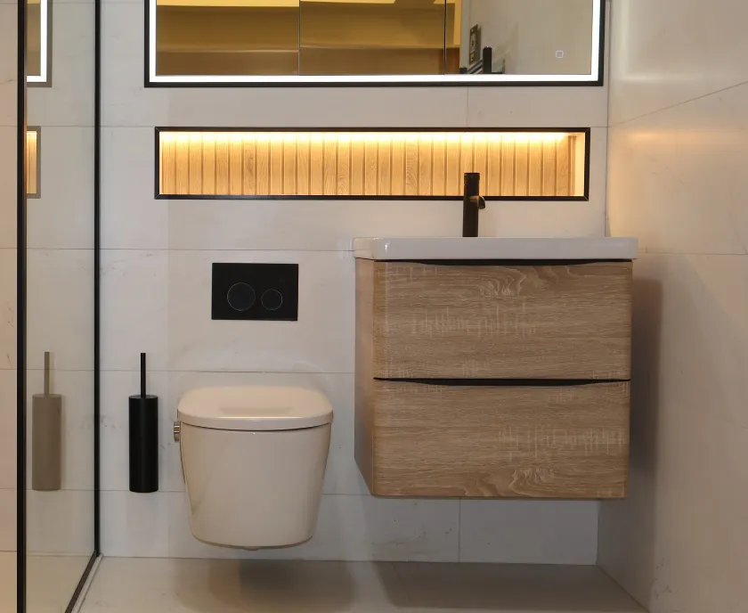 Illuminated Niche & Layered Wood Features